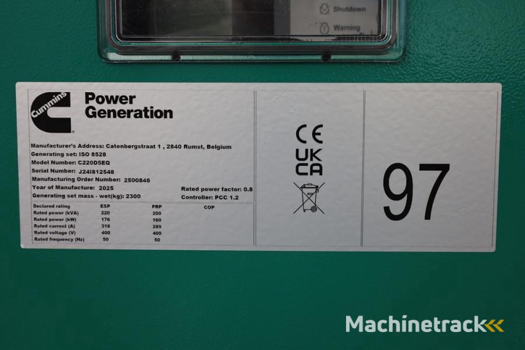 Cummins C220D5EQ Declaration of Conformity, Diesel, 220kVA