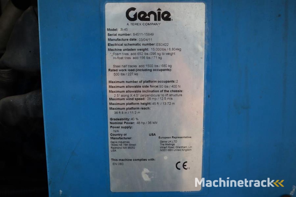 Genie S45 Valid inspection, Diesel, 4x4 Drive, 15.72 m W