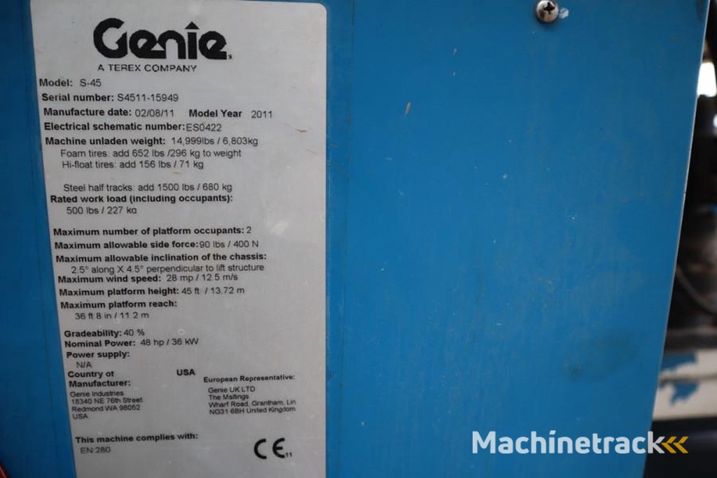 Genie S45 Valid inspection, Diesel, 4x4 Drive, 15.72 m W