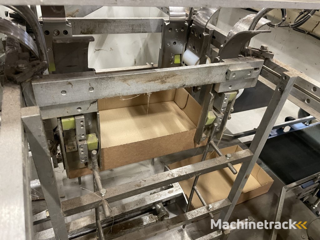 Sealed Air B+ BA20 dozenopzetmachine met stickermachine, elevator en verzamelband