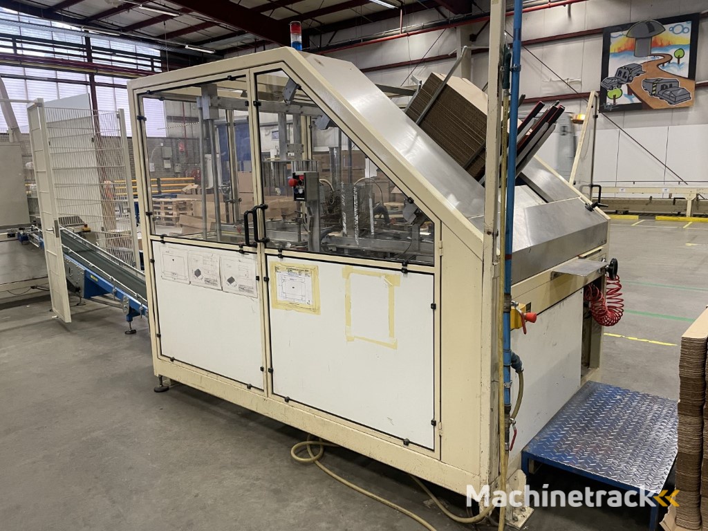 Sealed Air B+ BA20 dozenopzetmachine met stickermachine, elevator en verzamelband