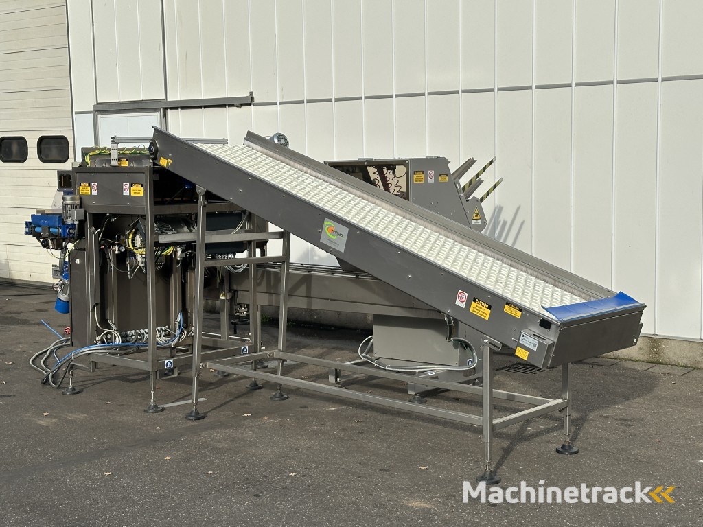 Sorma PC10 126 afweegmachine met punnet/trayvuller (ACM 115) en ontnester (DP4 115)