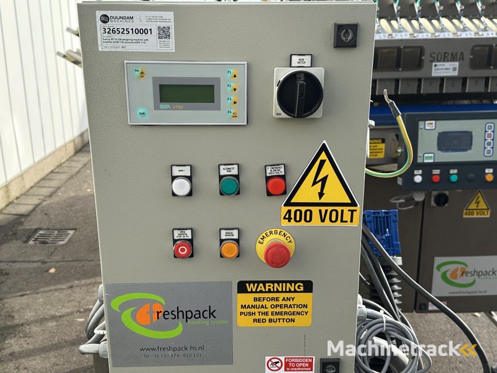 Sorma PC10 126 afweegmachine met punnet/trayvuller (ACM 115) en ontnester (DP4 115)