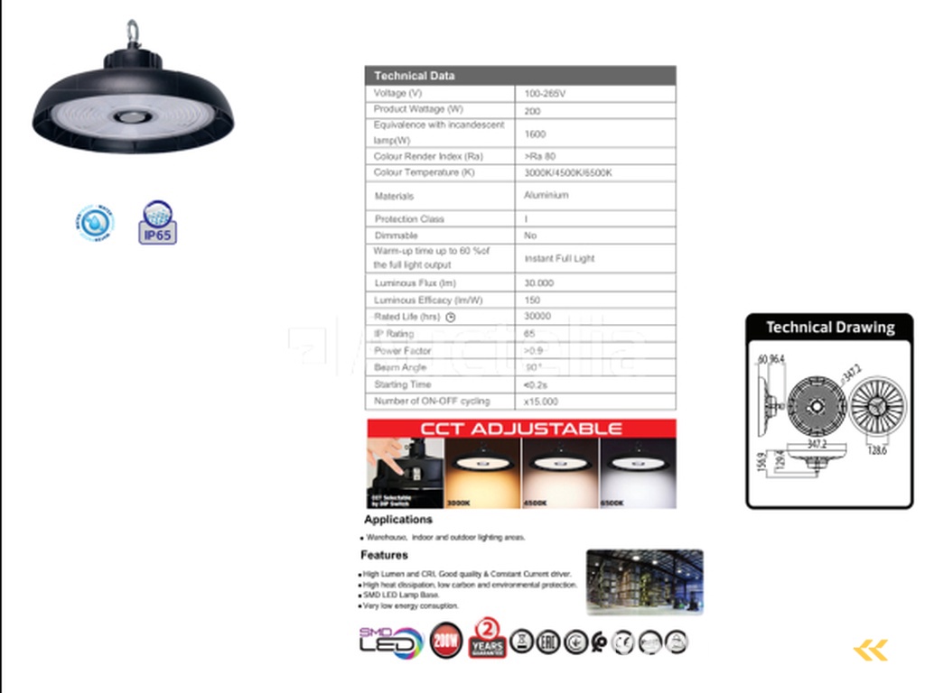 5 x Highbay LED Light 200W – 150lm/W – 3CCT Adjustable (3000K/4500K/6500K) – IP65 Waterproof