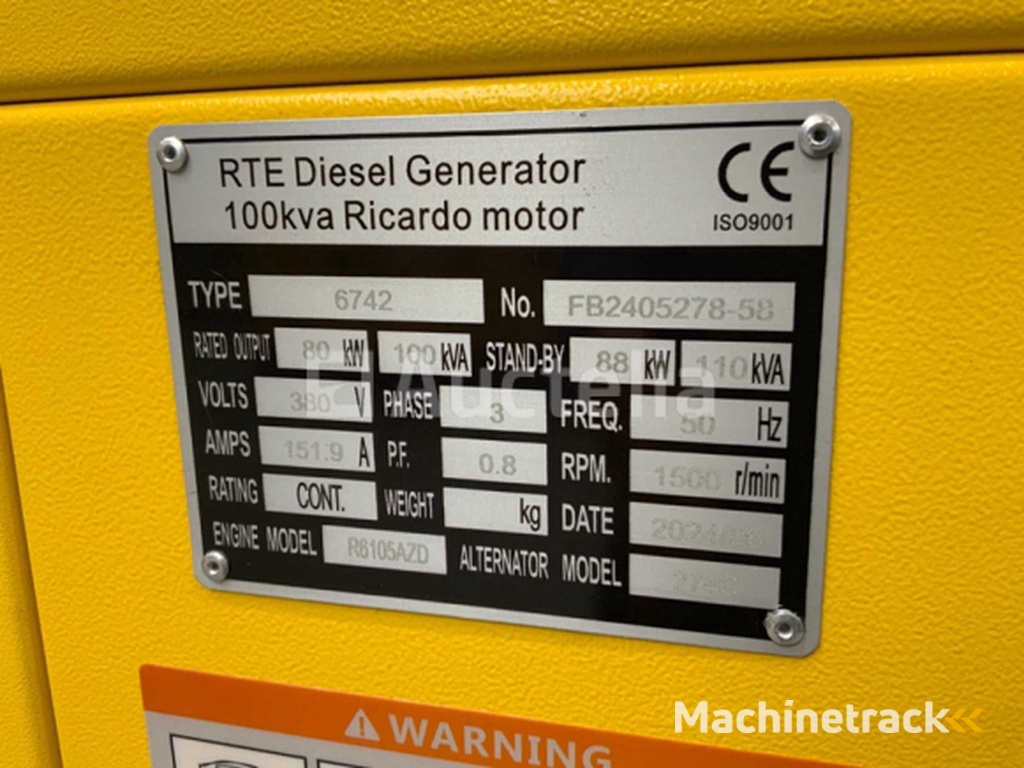 RTE emergency power generator 100KVA Ricardo 6742