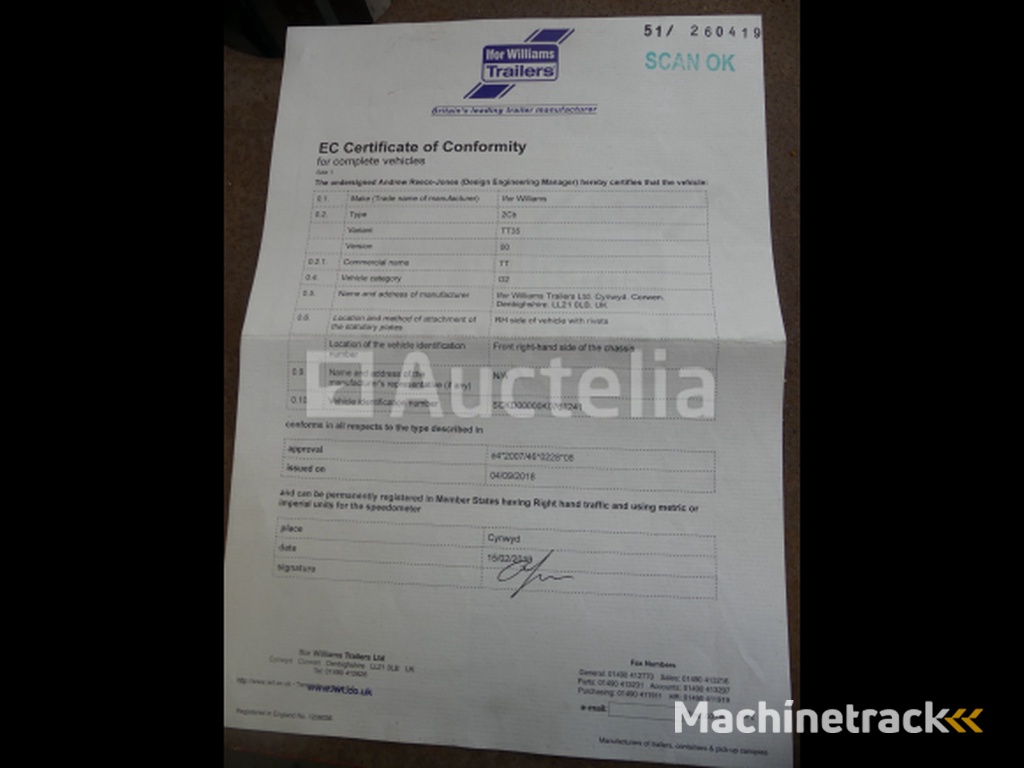 Ifor Williams 2CB kipper oplegger (VIN: SCKD00000K0761241)