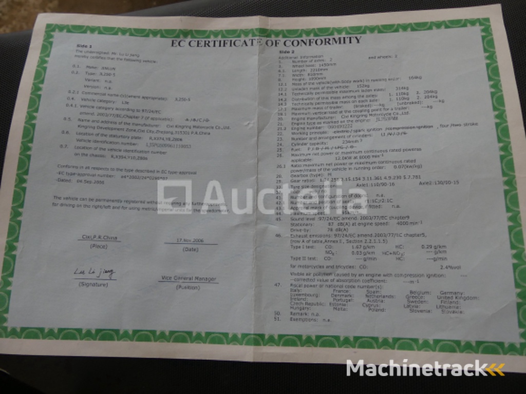 250cc Jinlun JL 250-5 motorfiets (VIN: LJ5PG509961110053)