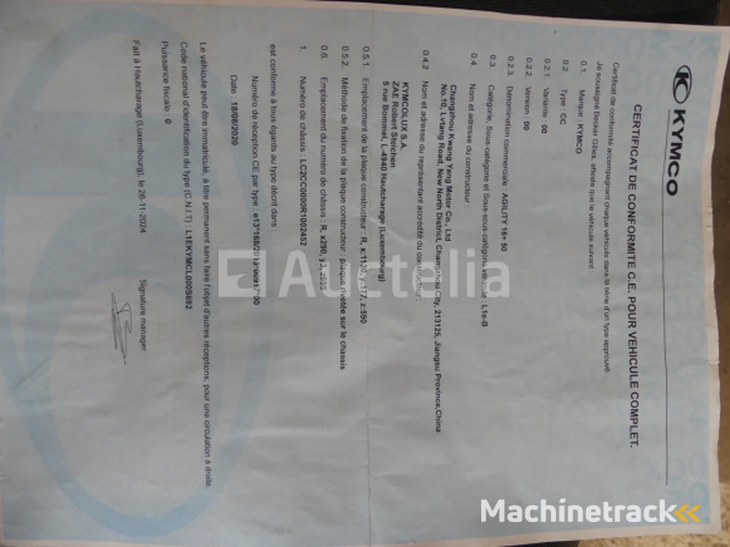 Scooter 50cc (zeer weinig km) Kymco Agility 16+ 50 4T (2024-826 km)(Vin: LC2CC0000R1002452)