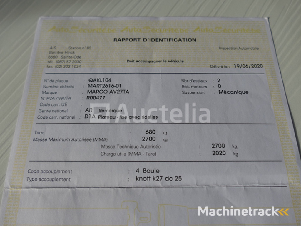 Marco AV27TA Dubbelassige Vaste Sideboard Aanhangwagen (VIN:MAPT2616)