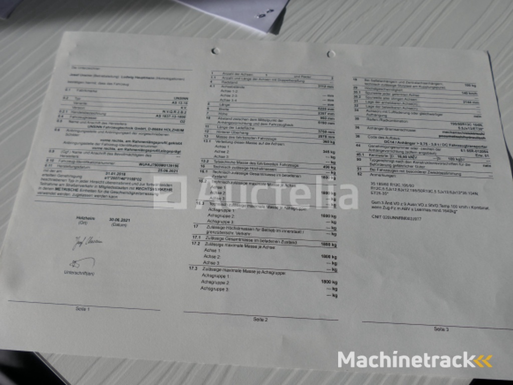 Unsinn AS enkelassige aanhangwagen 1837-13-1800 (VIN:WUFAJ7900MO139196)