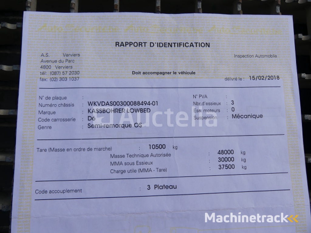 Kassbohrer Lowbed Trailer (2018-VIN:WKVDAS00300088494)