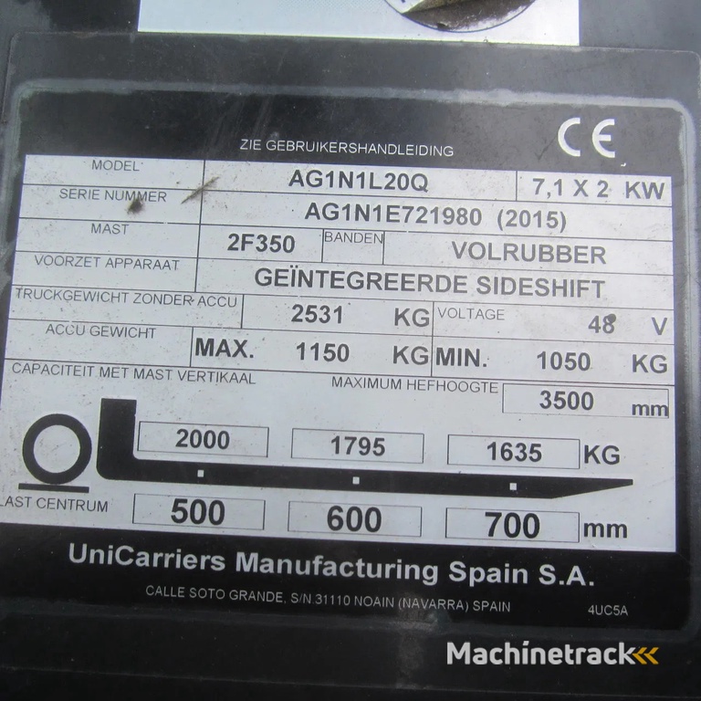 Nissan Heftruck AG1N1L20Q, elek., duplomast, side shift.