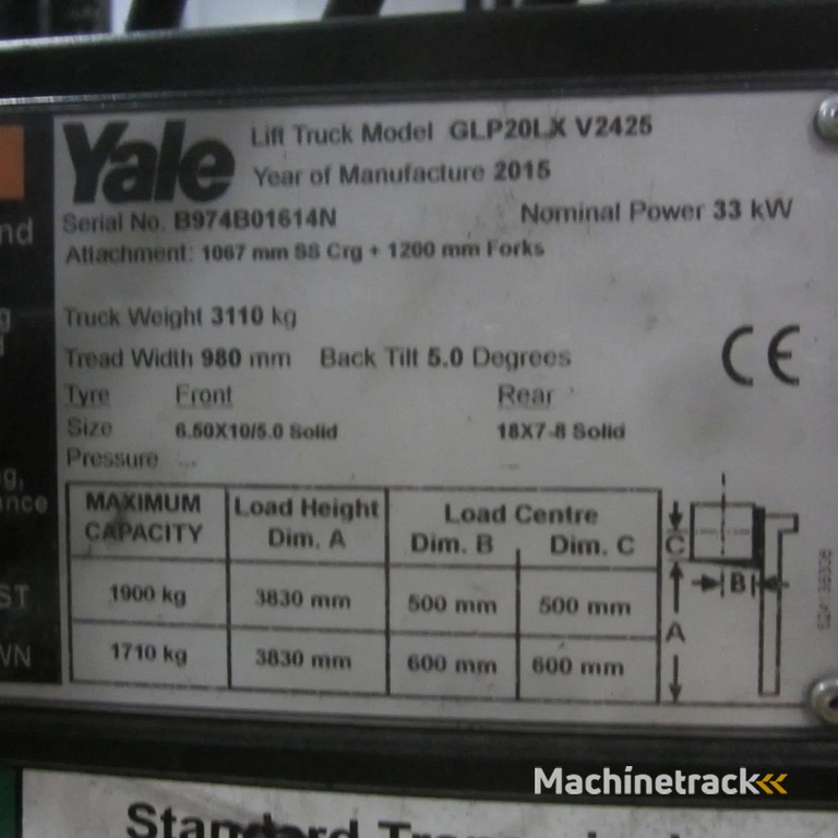 Yale Heftruck GLP20LX, LPG, duplo, side shift.