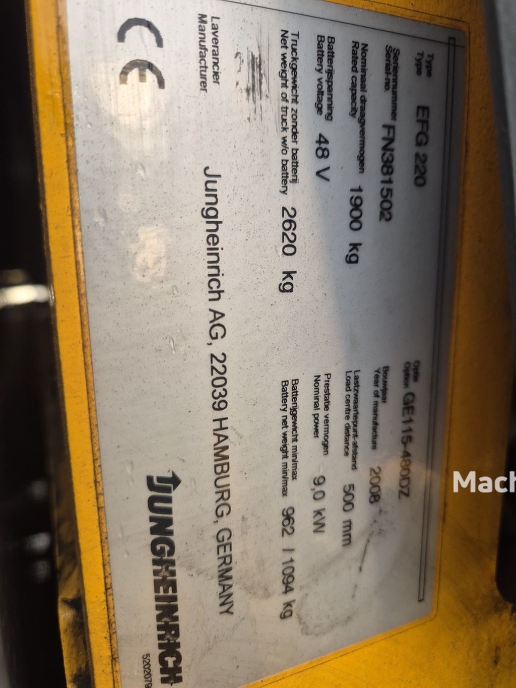 Jungheinrich EFG220 2 ton 3-Wieler Elektrisch, Mast 3F480  4792 uur.