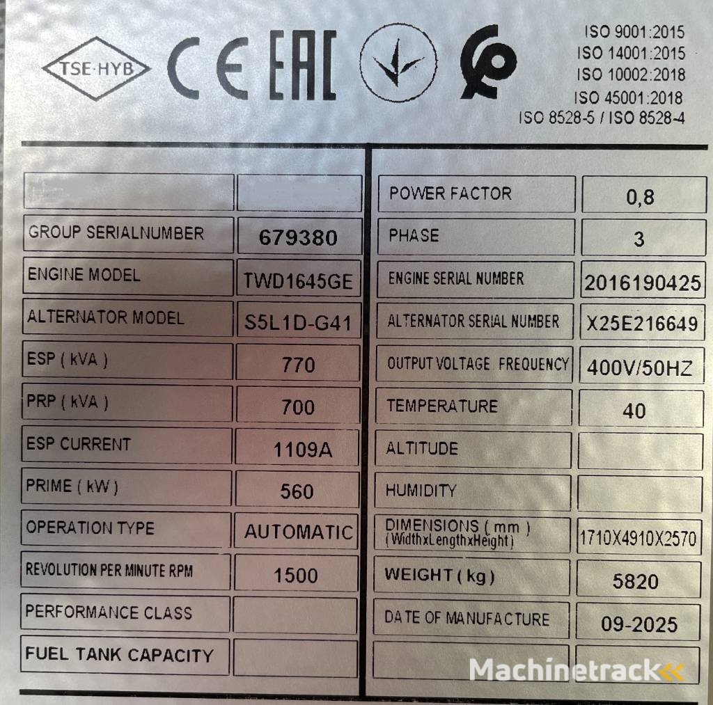 Volvo TWD1645GE - 770 kVA Generator - DPX-18885