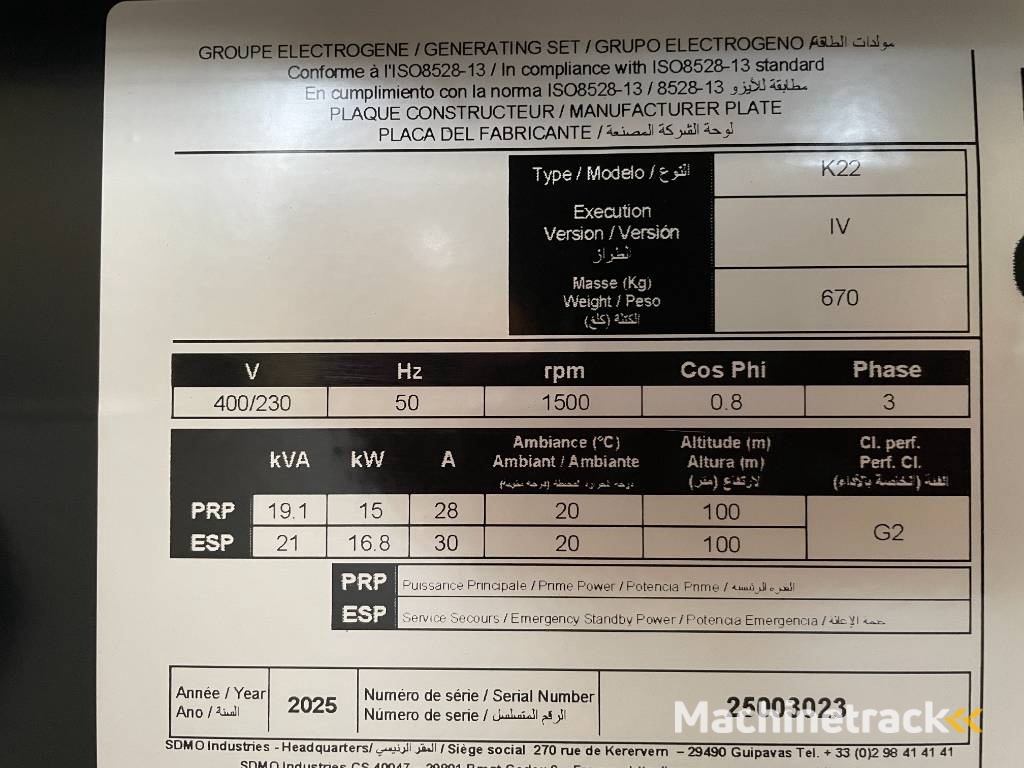 Sdmo K22 - 22 kVA Generator - DPX-17003