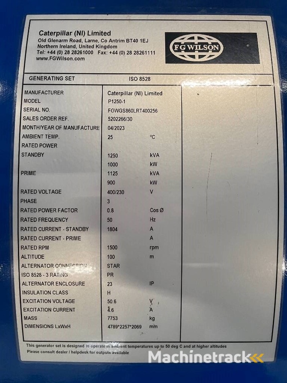 FG Wilson P1250-1 -  1250 kVA Open Genset - DPX-16028-O