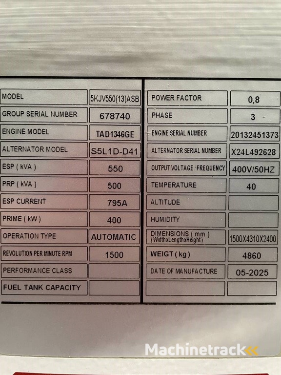 Volvo TAD1346GE - 550 kVA Generator - DPX-18882
