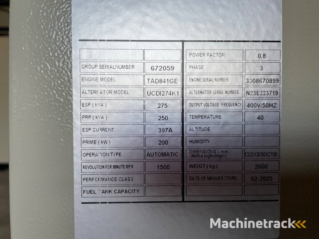 Volvo TAD841GE - 275 kVA Generator - DPX-18876