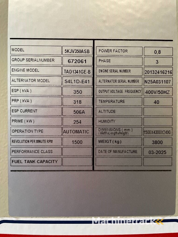 Volvo TAD1341GE - 350 kVA Generator - DPX-18878
