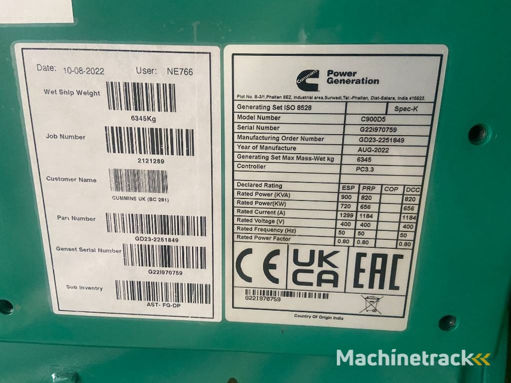 Cummins C900D5 - 900 kVA Open Genset - DPX-18527-O