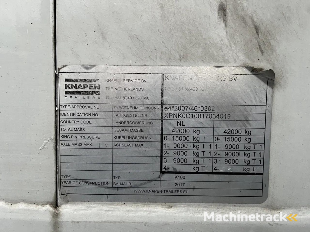 Knapen Trailers K100 92m3 / Cargofloor / Liftas / Discbrakes / Remote / NL Trailer HT1038
