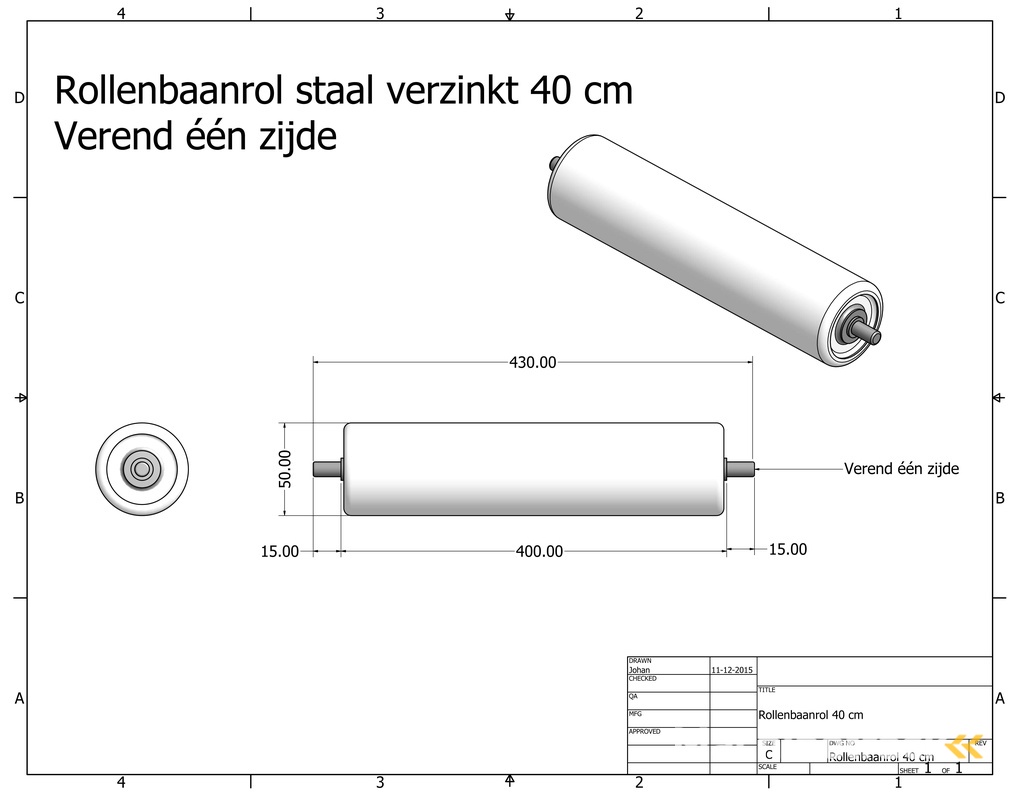rollenbaanrol staal - 40 cm - u00d850 mm - stalen as