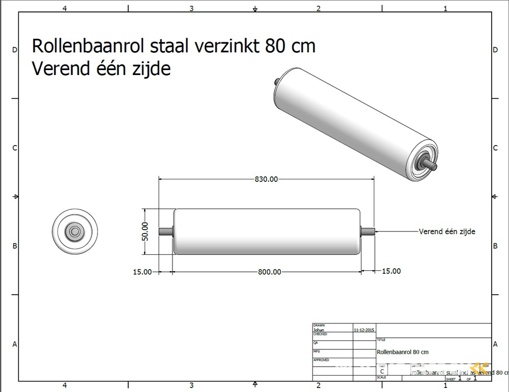 rollenbaanrol staal - 80 cm - u00d850 mm - stalen as