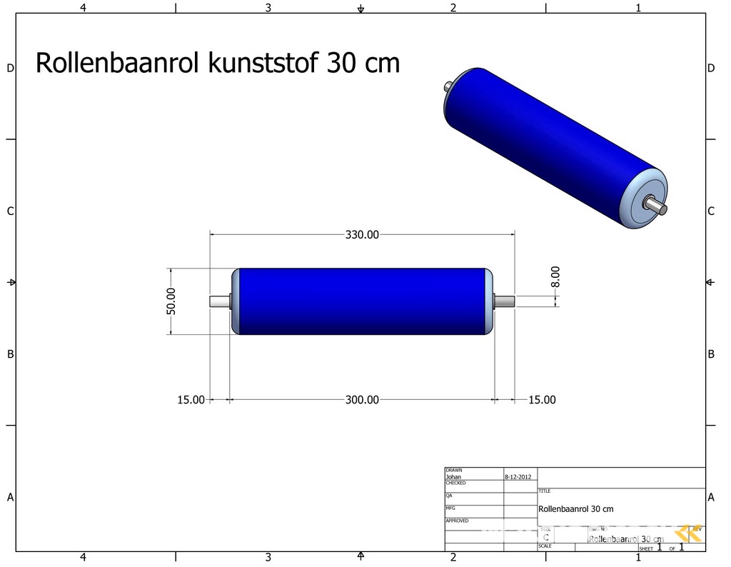 rollenbaanrol kunststof - 30 cm - u00d8 50 mm - RVS as