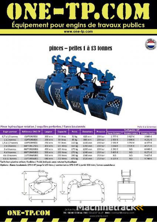 ONE-TP Pince de tri & enrochement pour pelle 1 à 13 tonnes