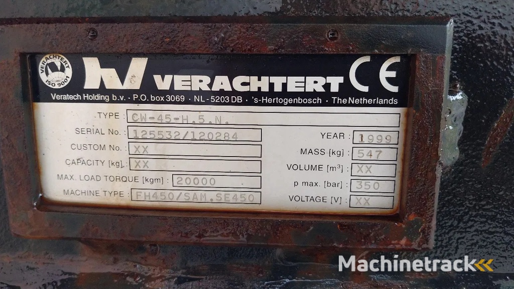Verachtert CW45 Hydraulic coupler / 110/100mm pins / Volvo EC460 EC480 / Hitachi ZX470