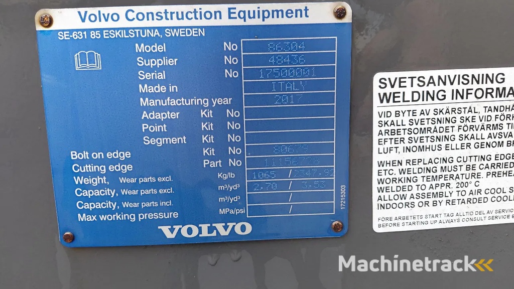 Volvo wheel loader bucket for L90 / Lundberg coupling / NEW