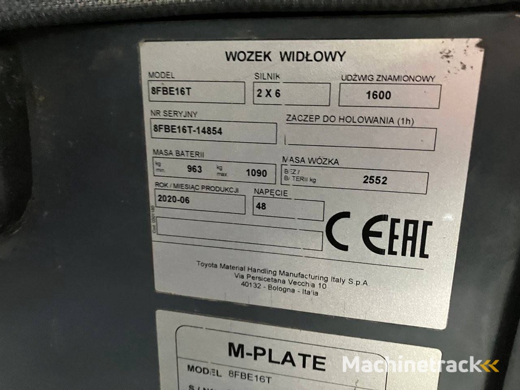 Toyota 8FBE16T Electric Forklift 1600kg 5.0m 2020