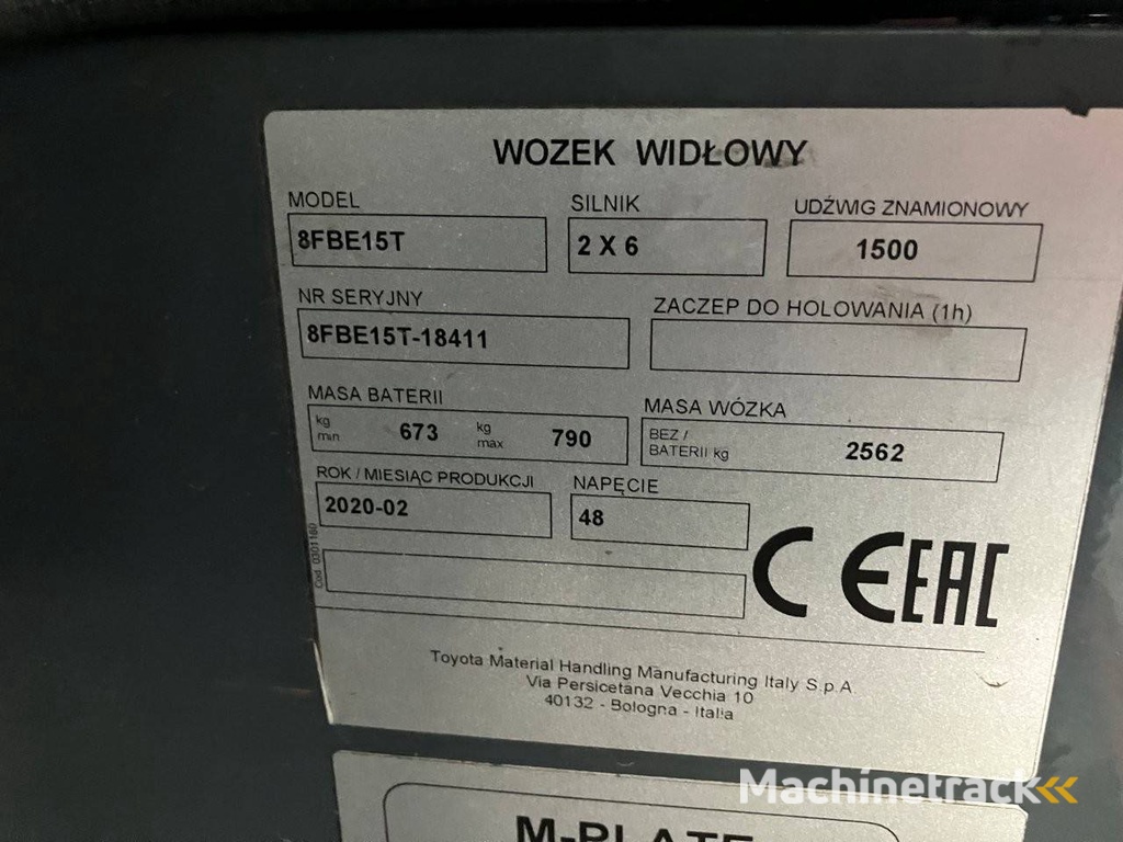 Toyota 8FBE15T Electric Forklift 1500kg 5.0m 2020