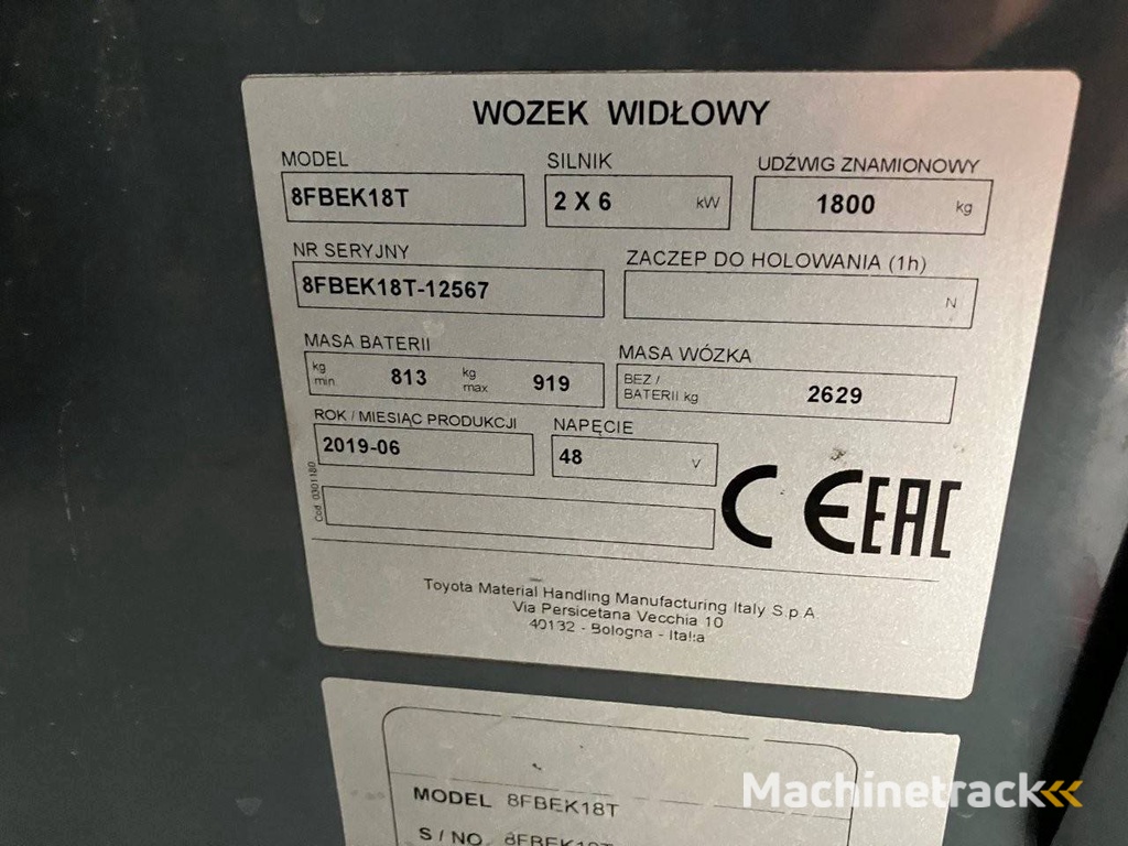 Toyota 8FBEK18T Electric Forklift 1800kg 4.2m 2019