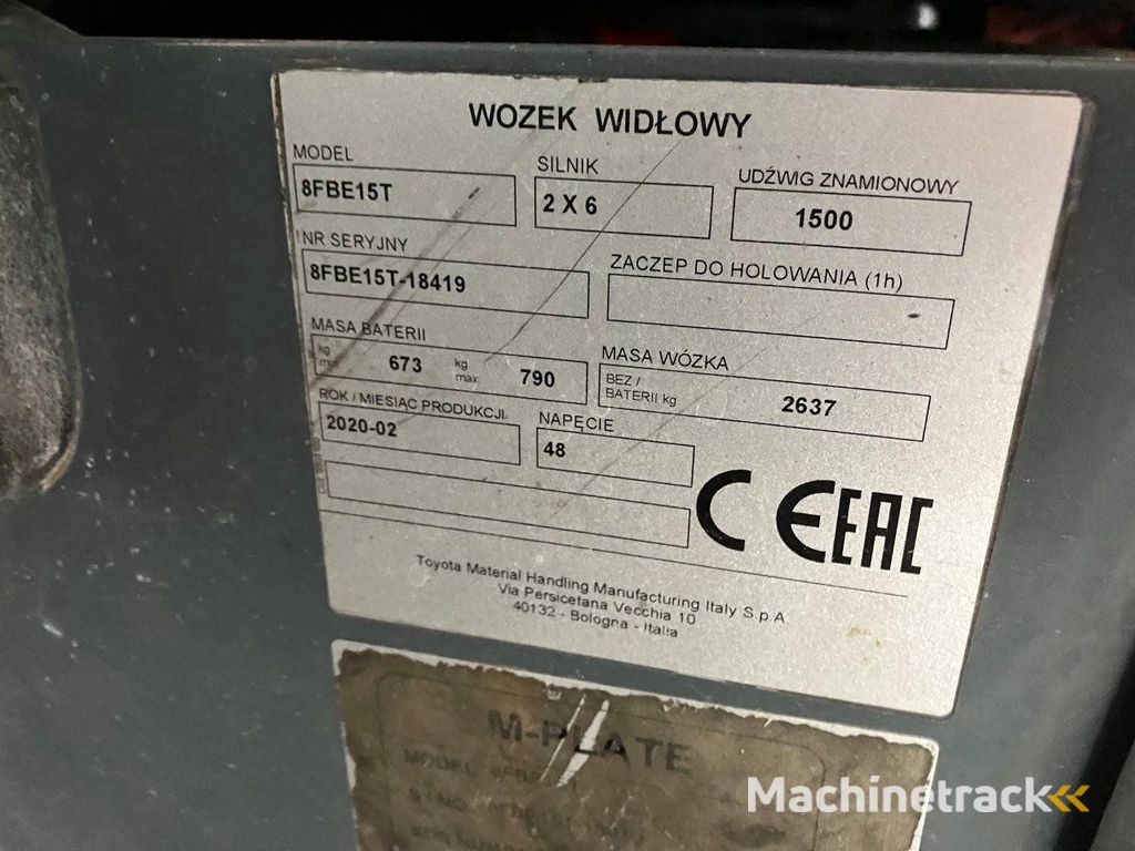 Toyota 8FBE15T Electric Forklift 1500kg 5.0m 2020