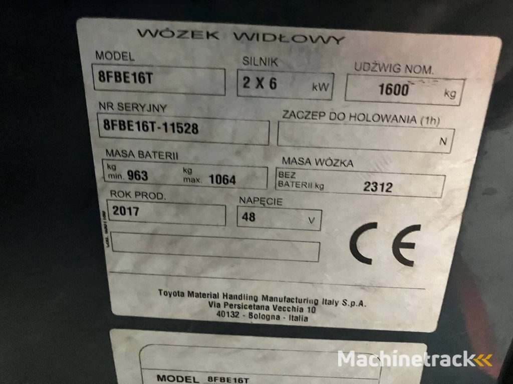 Heftruck Toyota 8FBE16T Elektrisch 1600kg 2017