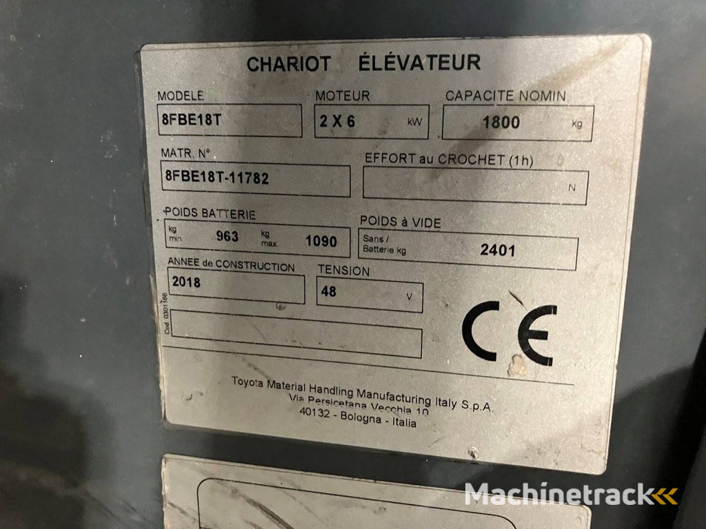 Toyota 8FBE18T Electric Forklift 1800kg 4.5m 2018