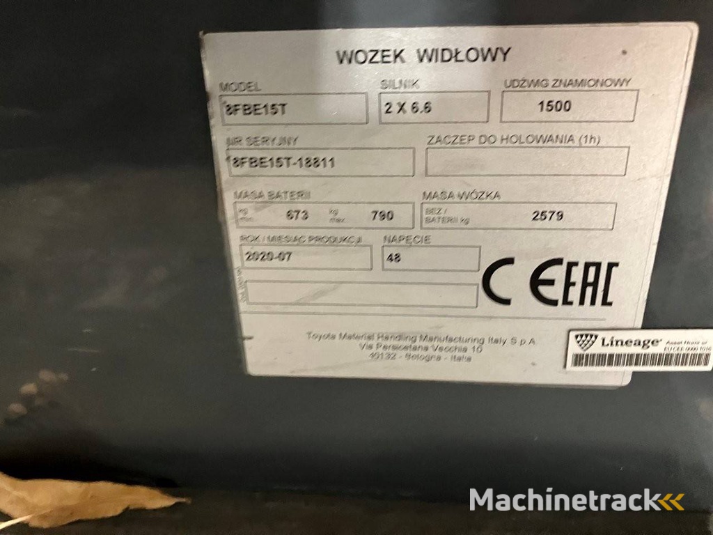 Toyota 8FBE15T Electric Forklift 1500kg 4.5m 2020