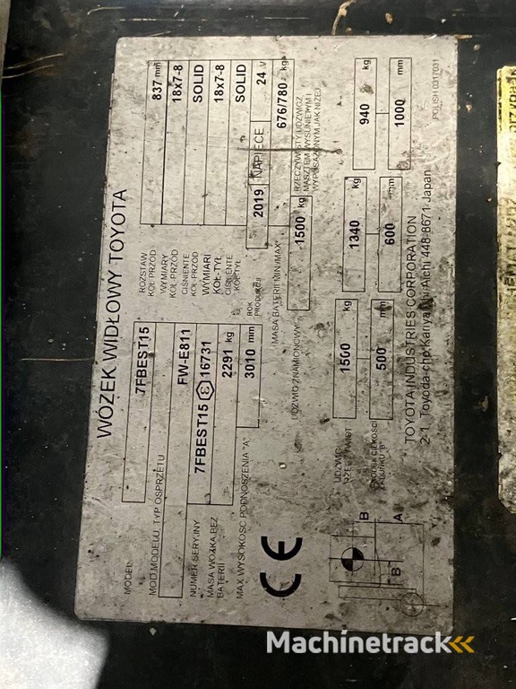 Forklift Toyota 7FBEST15 Electric 1500kg 3.01m 2019