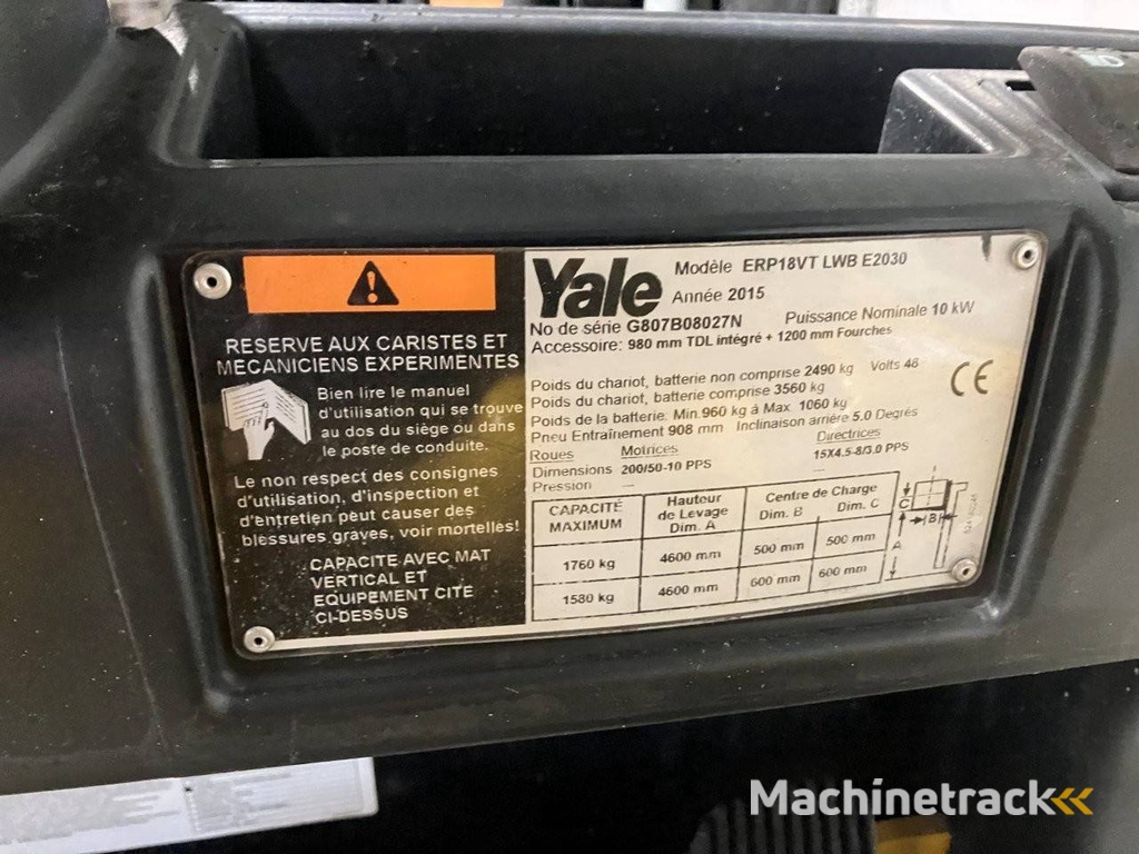 Forklift Yale ERP18VT LWB E2030 Electric 1760kg 4.6m 2015