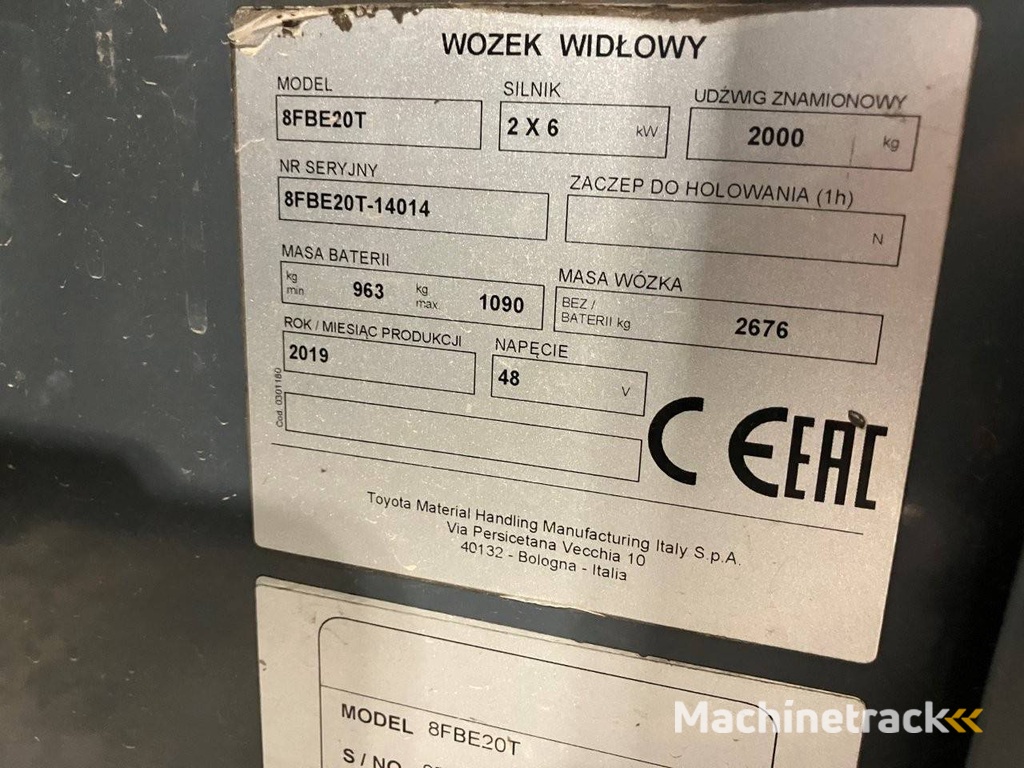 Heftruck Toyota 8FBE20T Elektrisch 2000kg 2019