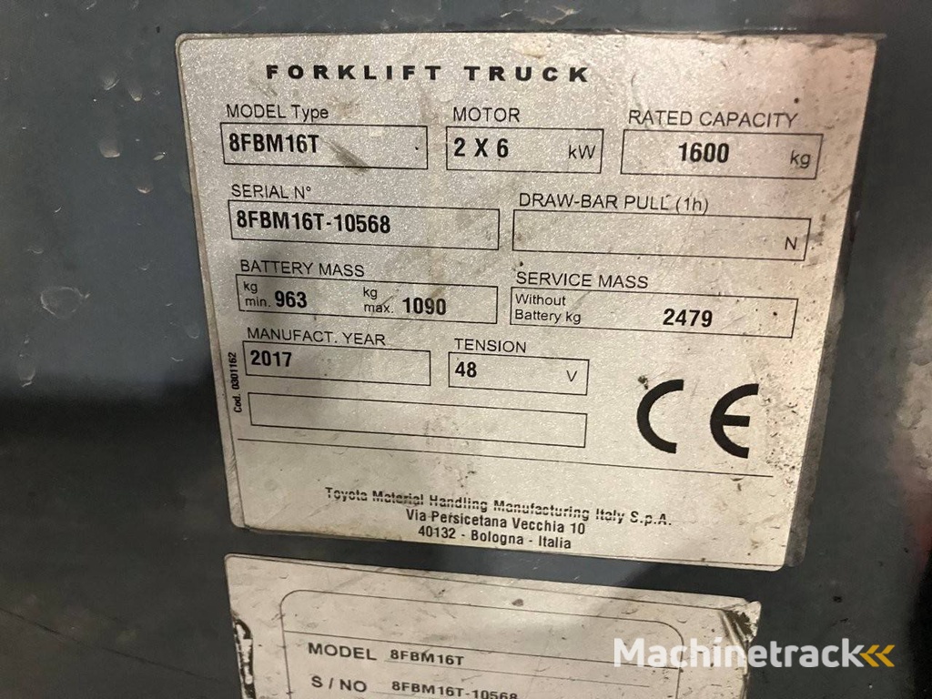 Toyota 8FBM16T Electric Forklift 1600kg 5.5m 2017