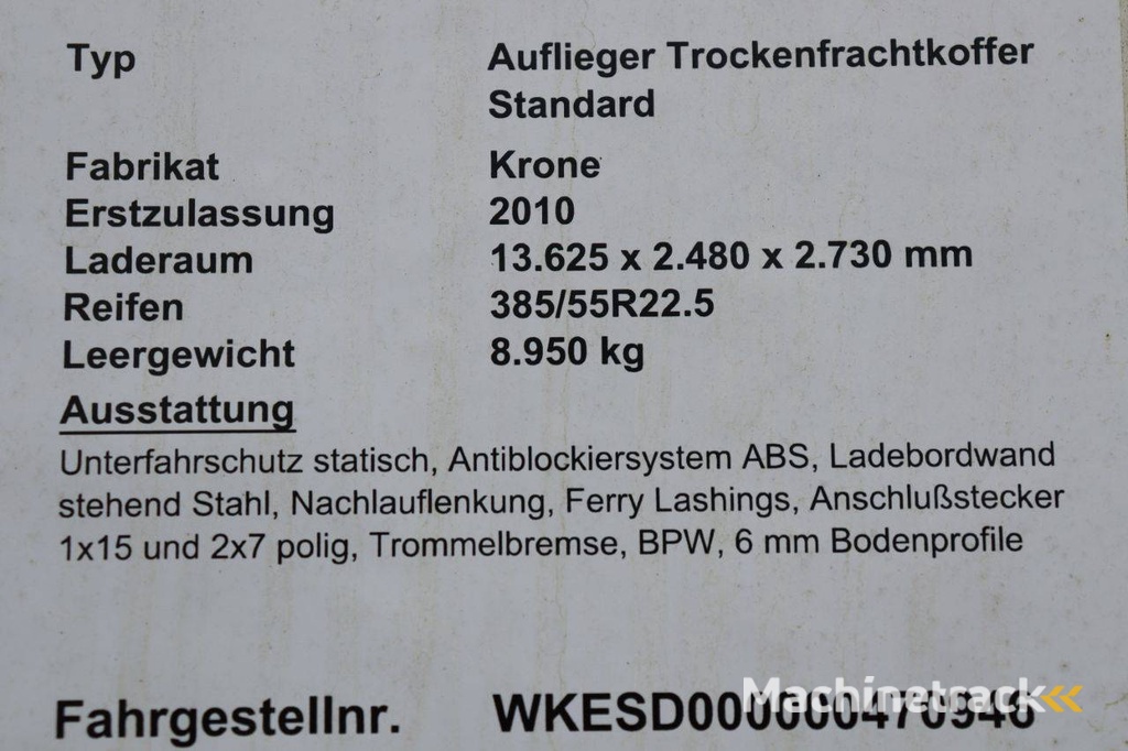 Reefer Oplegger Krone Semitrailer Dryfreight Standard 2010