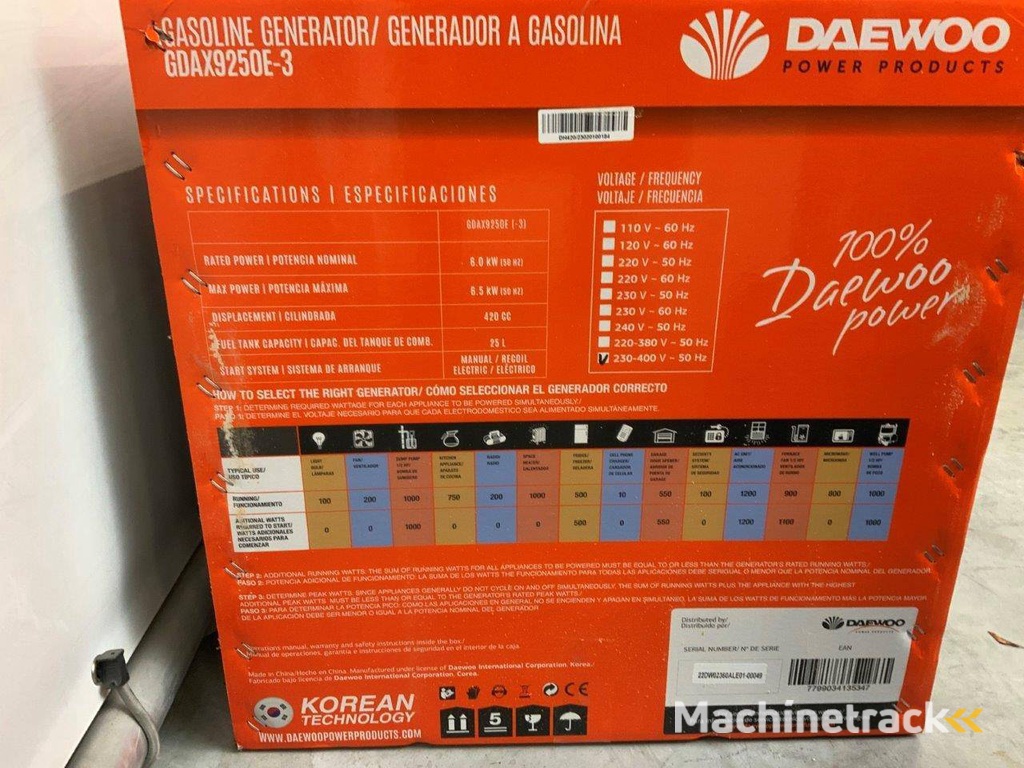 4x Generator Daewoo GDAX9250E-3 Benzine 6.5kVA Nieuw