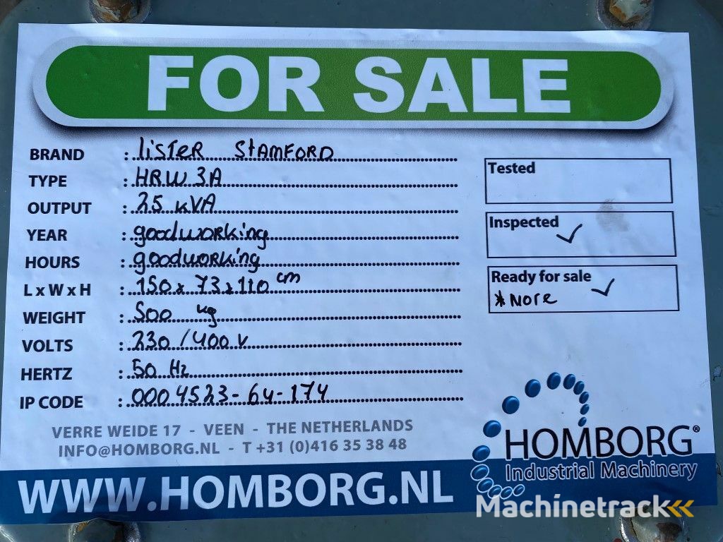 Lister HRW3A Stamford 25 kVA generatorset