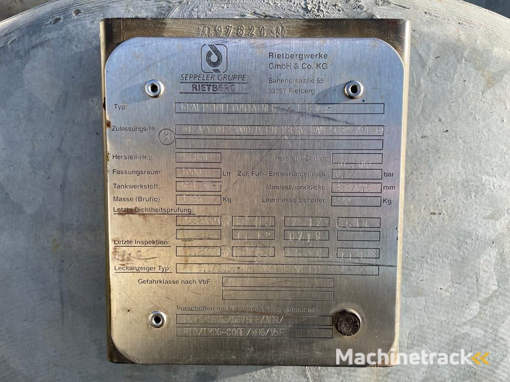 Dieseltank Rietberg 1000 liter Dieseltank Gegalvaniseerd IBC met keuring !