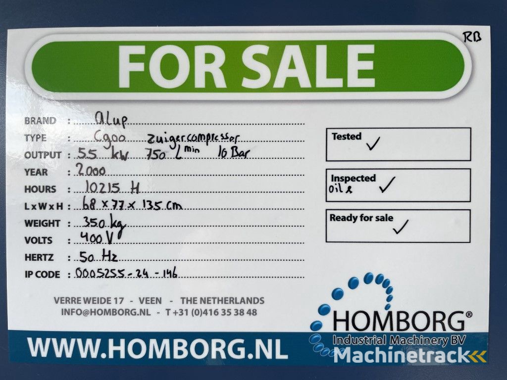 Alup C900 Silent zuigercompressor, 5,5 kW, 750 L/min. 10 Bar