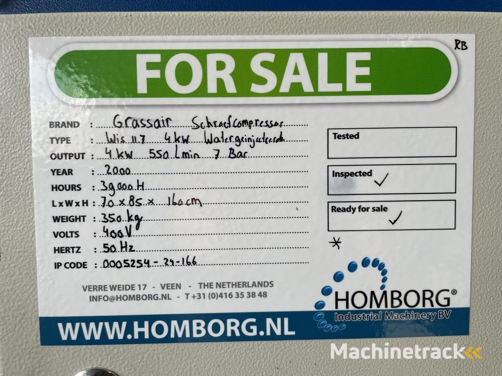 Grassair WIS11.7 4 kW 550 L / min 7 Bar watergesmeerde schroefcompressor