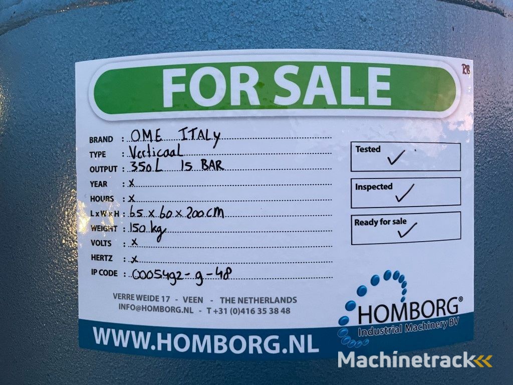 OME 350L verticale luchtketel, 15 Bar